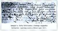 Autograf sv. Marka Krievanina u katalogu odgajnika Germansko - ugarskog zavoda u Rimu iz 1611.